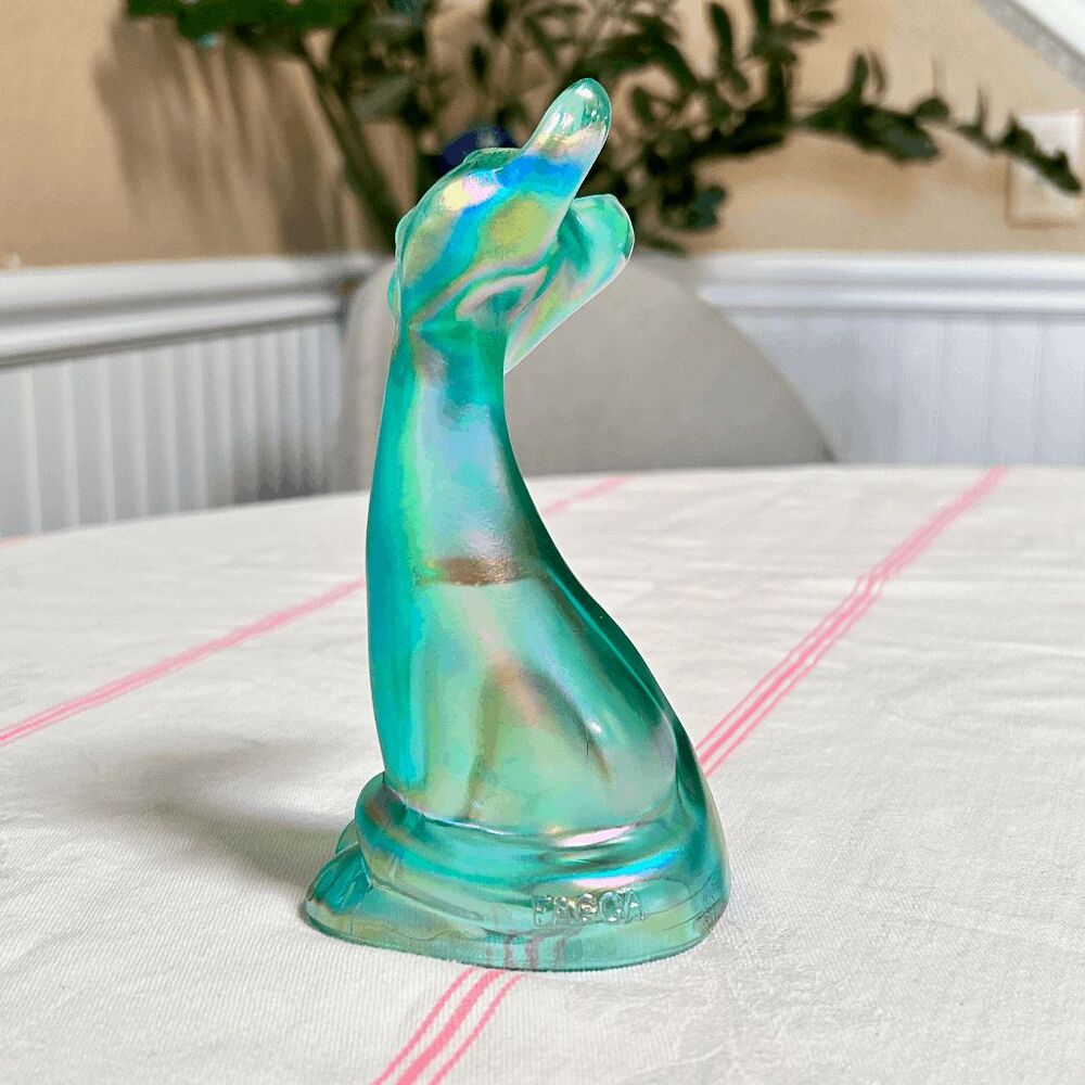 Fenton Glass Mould Mosser Teal Carnival Glass Happy Cat - Picture 3 of 5